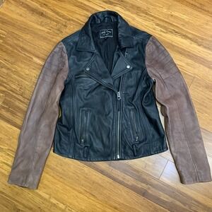 Lucky Brand Core Leather Moto Jacket Women Medium TwoTone Brown Black Biker Coat